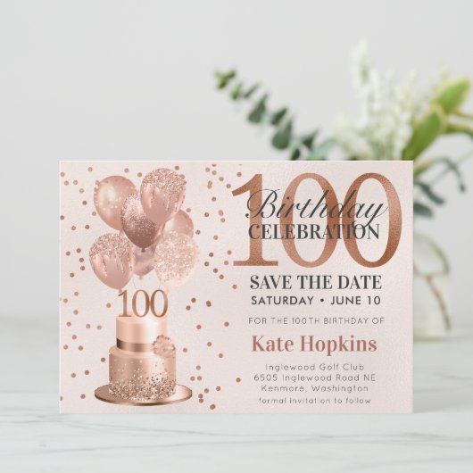 日付100番目の誕生日バラ金ゴールドケーキを保存 セーブザデート (スタンド正面)