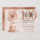 日付100番目の誕生日バラ金ゴールドケーキを保存 セーブザデート (正面/裏面)