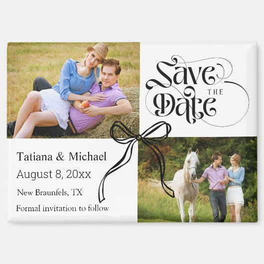 日付2の写真コケット弓リボンを保存モダン マグネット (正面)