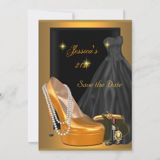 日付21の誕生日を保存するパーティー金ゴールドオレンジ セーブザデート (正面)