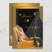 日付21の誕生日を保存するパーティー金ゴールドオレンジ セーブザデート (正面/裏面)