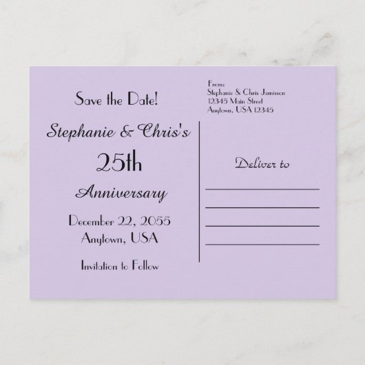 日付25周年記念パーティー紫フローラの保存 案内ポストカード (裏面)