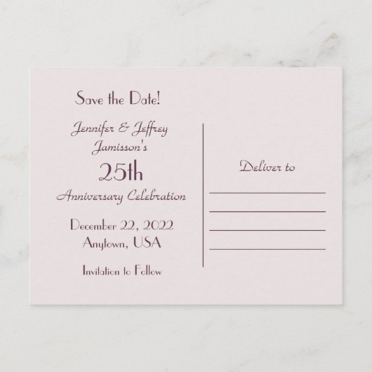 日付25周年記念パーティー結婚バラの保存 案内ポストカード (裏面)