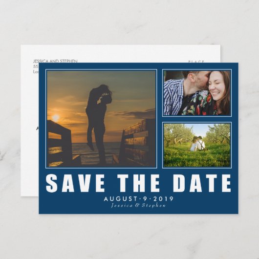 日付3フォトポストカードを青で保モダン存 案内ポストカード (正面/裏面)