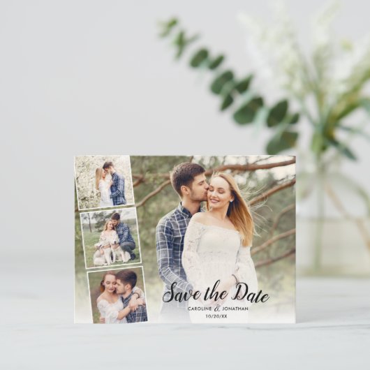 日付4の写真を保存コラージュかわいらし文字オーバーレイ ポストカード (スタンド正面)