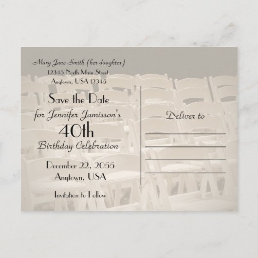 日付40th誕生日パーティーの名前を保存 案内ポストカード (裏面)