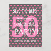 日付50誕生日V01Kピンクハートの保存 案内ポストカード (正面)