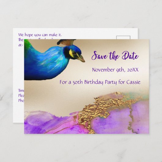 日付50th誕生日パーティーピーコックデザインを保存 案内ポストカード (正面/裏面)