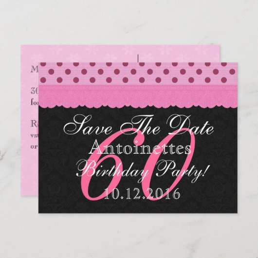 日付60誕生日ピンクと黒のレースを保存 案内ポストカード (正面/裏面)