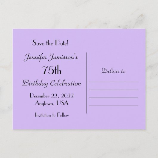日付75誕生日紫の花はがきを保存 案内ポストカード (裏面)
