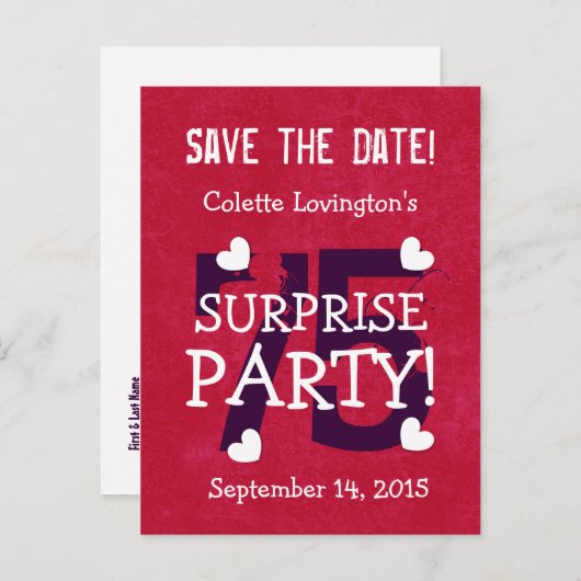 日付75thサプライズ誕生日S75B REDを保存 案内ポストカード (正面/裏面)