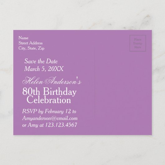 日付80誕生日フラワーブーケのカスタム保存 案内ポストカード (裏面)