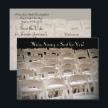 日付80th Birthday Partyポストカードの保存 案内ポストカード<br><div class="desc">このユニーク「日付を保存する」はがきの発表は飾私のオリジナルのセピア調の写真が並んで横に並んだ椅子の列の写真が湖畔のお祝いの前に行われる。デフォルト文字は80誕生日用だが、他の大事な行事用に簡単に変更できる。オリジナル写真：Marcia Socolik.All Rights Reserved © 2014 Alan & Marcia Socolik.</div>