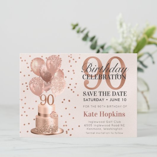 日付90番目の誕生日バラ金ゴールドケーキを保存 セーブザデート (スタンド正面)