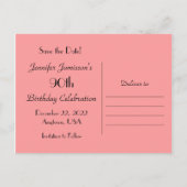 日付90th誕生日パーティコーラルピンクローズを保存 案内ポストカード (裏面)