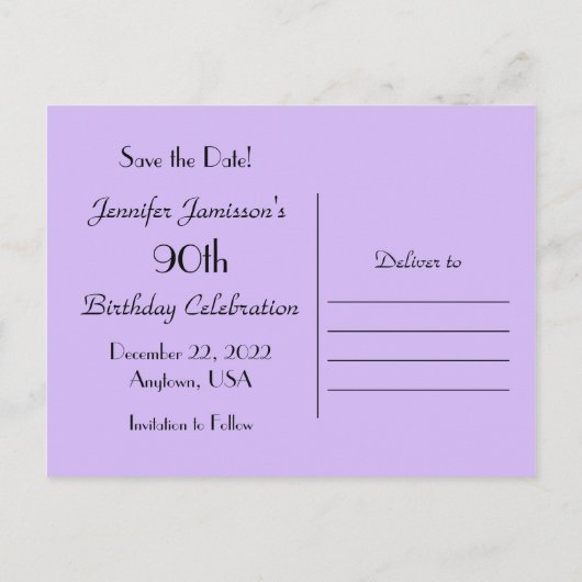 日付90th誕生日パーティパープルフローラの保存 案内ポストカード (裏面)