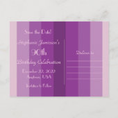 日付90th誕生日パーティーを保存する紫のストライプ 案内ポストカード (裏面)