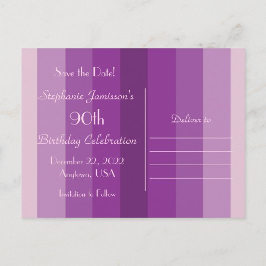 日付90th誕生日パーティーを保存する紫のストライプ 案内ポストカード (裏面)