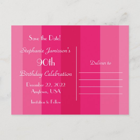 日付90th誕生日パーティーを保存する,ピンクのストライプ 案内ポストカード (裏面)