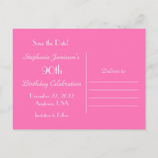 日付90th誕生日パーティーを保存する,ピンクの抽象芸術 案内ポストカード (裏面)