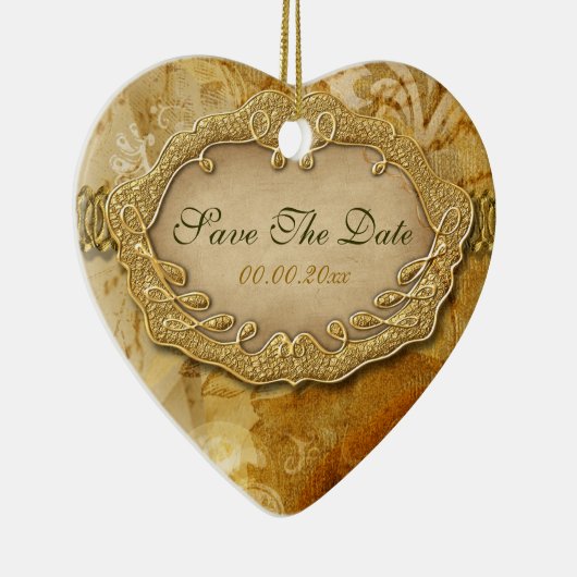 "日付"の茶色の金ゴールドのヴィンテージの結婚救って下さい セラミックオーナメント (右)