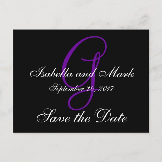 日付、イニシャル、モノグラム、黒、紫を保存 案内ポストカード (正面)