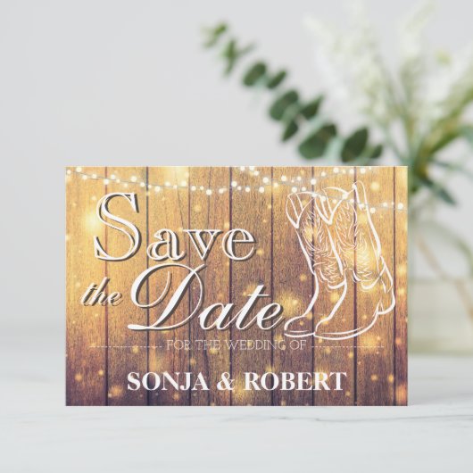 日付-カウボーイ・ブーツ、ライトが付いている木--を救って下さい セーブザデート (スタンド正面)