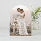 日付、シックな白い書道の写真を結婚保存する 招待状 (スタンド正面)