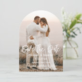 日付、シックな白い書道の写真を結婚保存する 招待状 (スタンド正面)