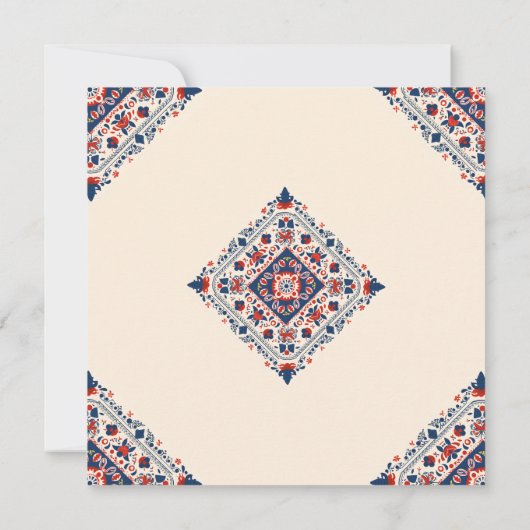 日付、フォークアートフローラ、赤い白と青を保存 招待状 (裏面)