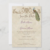 日付、ヴィンテージ孔雀とエッチングの結婚保存 招待状 (正面)