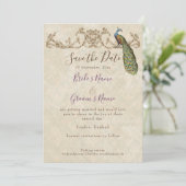 日付、ヴィンテージ孔雀とエッチングの結婚保存 招待状 (スタンド正面)