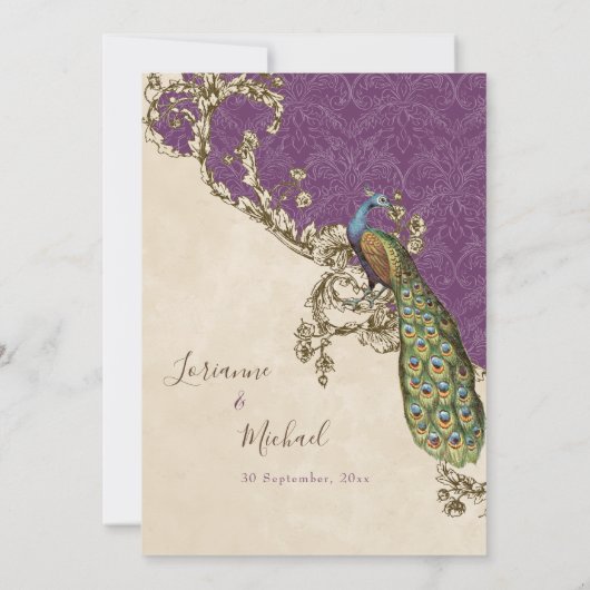 日付、ヴィンテージ孔雀とエッチングの結婚保存 招待状 (裏面)
