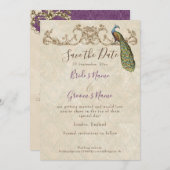 日付、ヴィンテージ孔雀とエッチングの結婚保存 招待状 (正面/裏面)