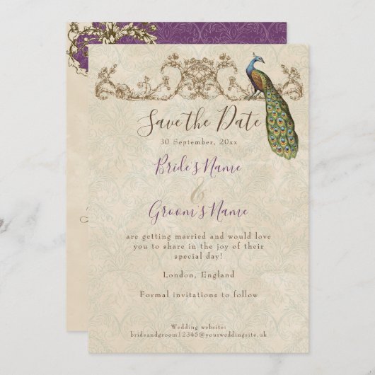 日付、ヴィンテージ孔雀とエッチングの結婚保存 招待状 (正面/裏面)
