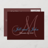 日付、名とモノグラムティール（緑がかった色）とブラウンカード 案内ポストカード (正面/裏面)