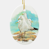 日付，水色カモメ，ビーチ，海岸，鳥セラ セラミックオーナメント (裏面)