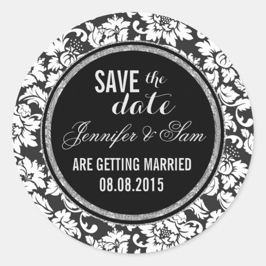 日付 – 白黒とシルバーのアクセントを保存 ラウンドシール (正面)