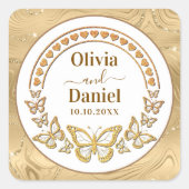 日付、金ゴールド蝶とハートの保存 スクエアシール (正面)