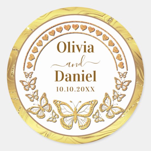 日付、金ゴールド蝶とハートの保存 ラウンドシール (正面)