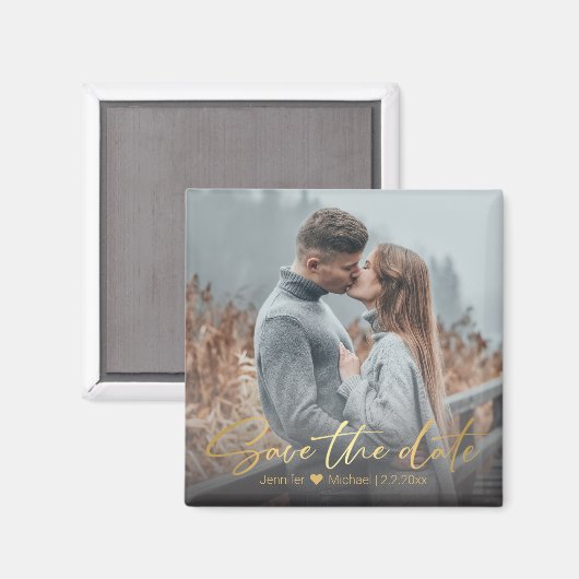 日付、金色の手書きの写真結婚を保存する マグネット (正面/裏面)