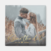 日付、金色の手書きの写真結婚を保存する マグネット (正面)