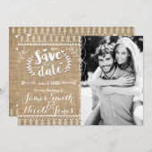 日付Burlapフォト素朴招待状の保存 セーブザデート (正面/裏面)