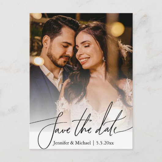 日付qrコードカップル2枚の写真をミニマルに保存 案内ポストカード (正面)