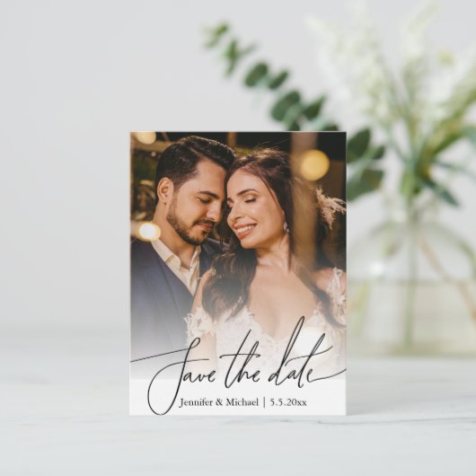 日付qrコードカップル2枚の写真をミニマルに保存 案内ポストカード (スタンド正面)