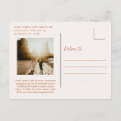 日伝統的付を保存して燃えたオレンジ色の結婚式 案内ポストカード (裏面)