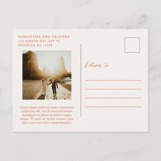 日伝統的付を保存して燃えたオレンジ色の結婚式 案内ポストカード (裏面)