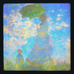 日傘を持つモネの女 ストーンコースター<br><div class="desc">クラウド・モネの妻、カミーユが日傘を差し、息子のジャンと共に夏の日に風に吹かれて緑の野鮮やか原吹を散歩するポートレートの石のコースター。印象素晴らし主義や芸術のファンに贈るモネフランスのの贈り物。</div>