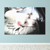日光の中でパパと座る、かわいい白い犬 キャンバスプリント (インサイチュ (ウッドフロア))