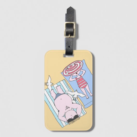 日光浴おもしろいカップル漫画海辺アート ラゲッジタグ (正面縦)